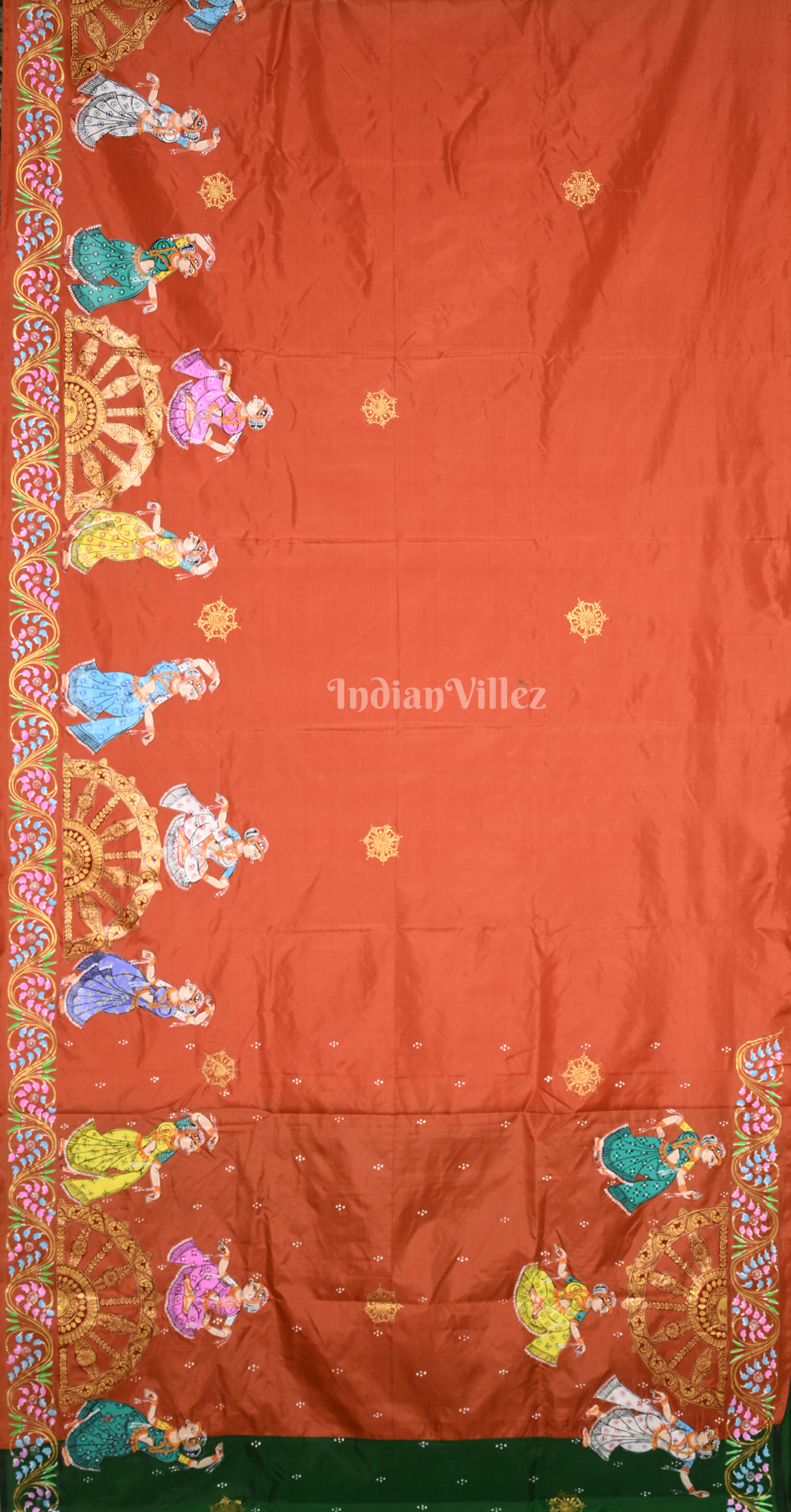Green Orange Nartaki Konark Temple Hand-Painted Pattachitra Saree 