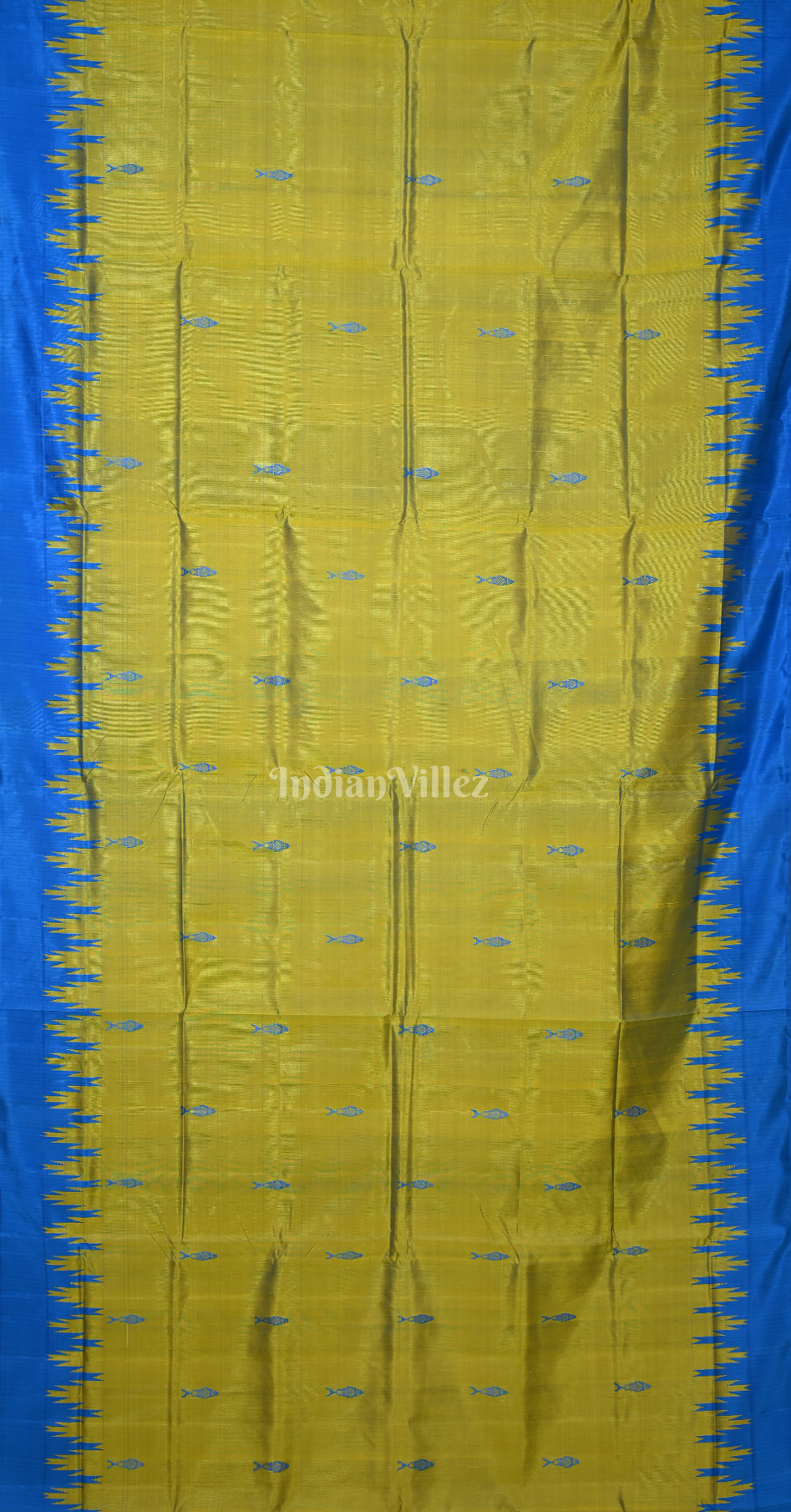Olive Green Blue Fish Motif Double Pallu Berhampuri Silk Saree