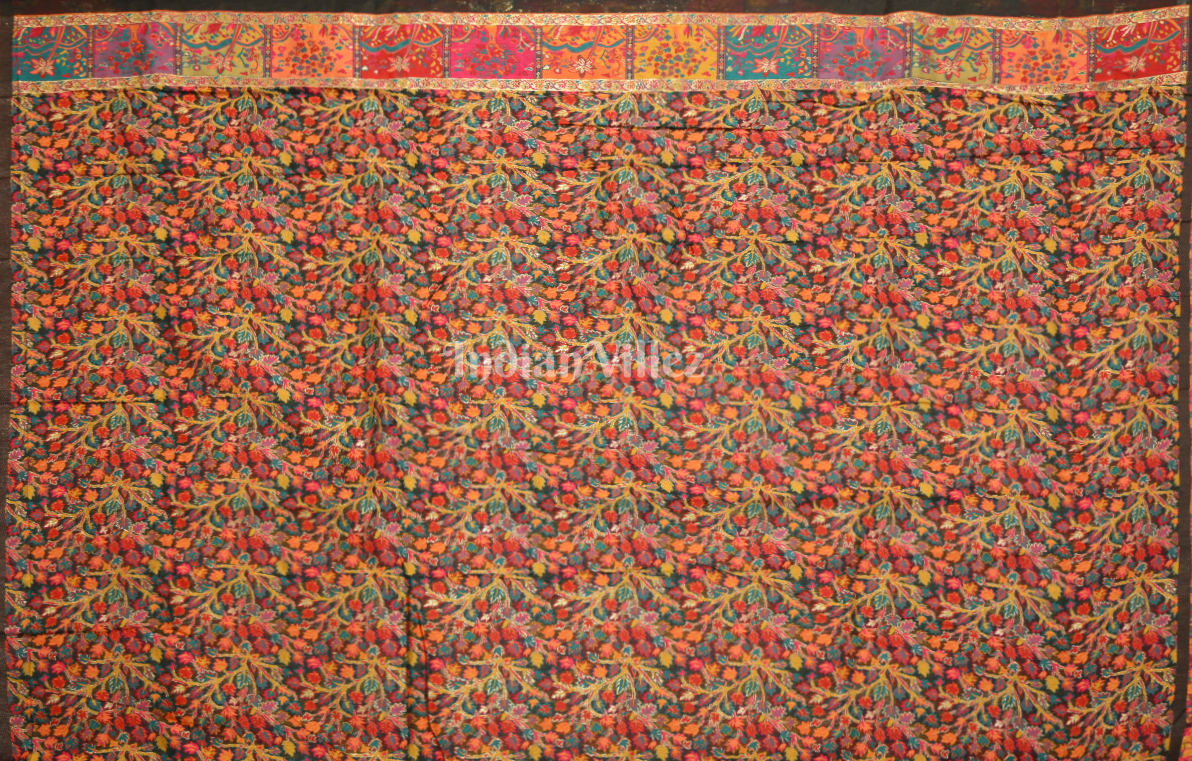 Black Tree of Life Pure Kashmiri Cotton Pashmina Saree
