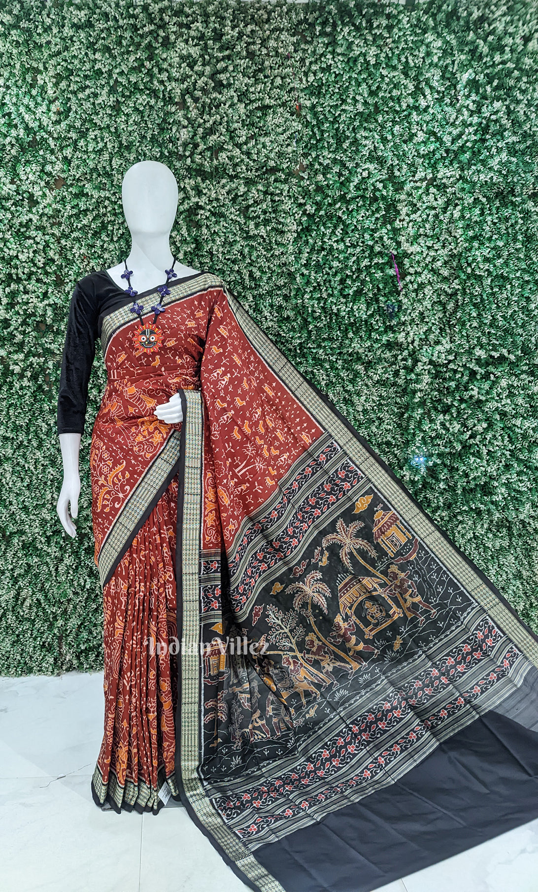 Maroon Black Tribal Diwali Theme Sambalpuri Silk Saree with Doli Barat Anchal