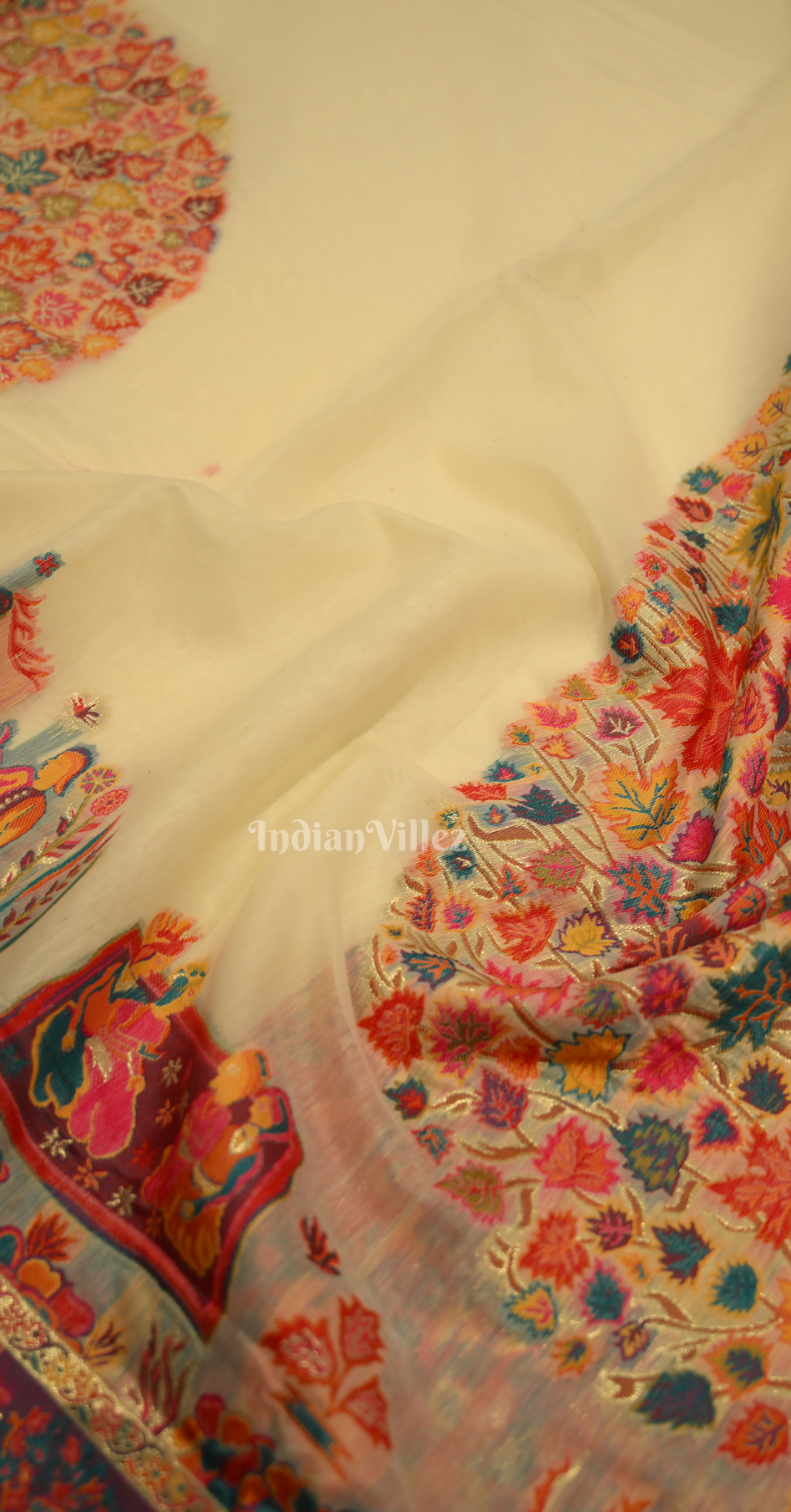  Cream Tree of Life Pure Kashmiri Cotton Pashmina Saree
