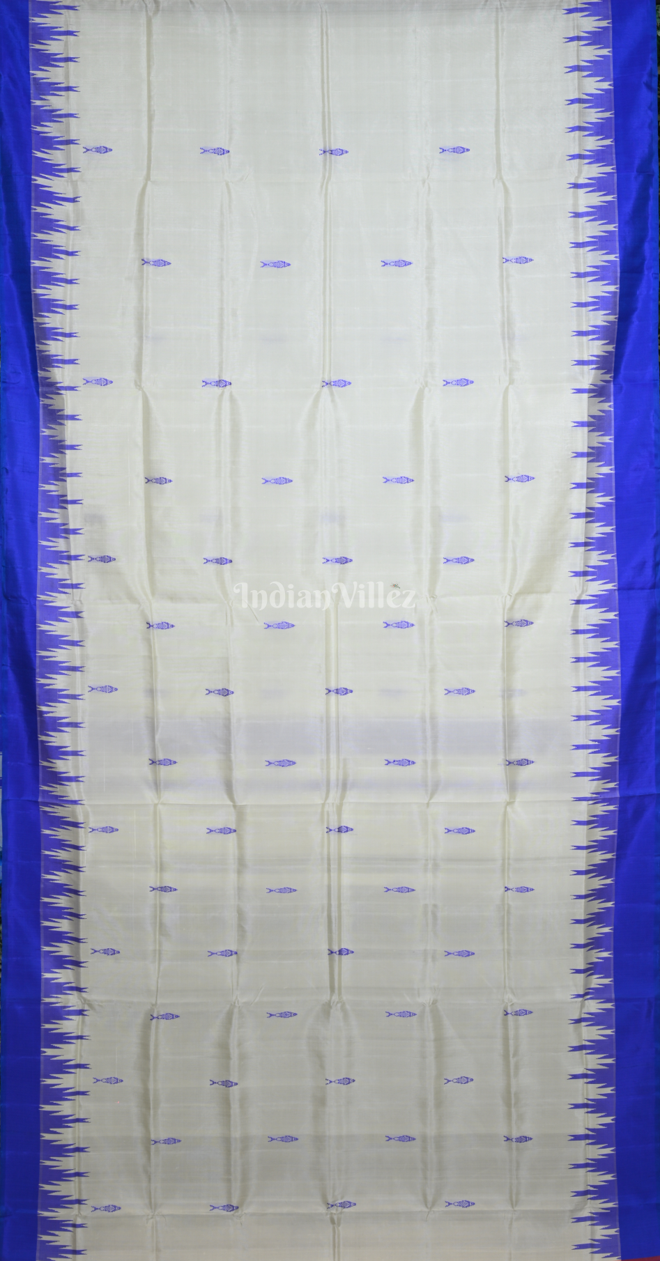 White Blue Fish Motif Double Pallu Berhampuri Silk Saree 