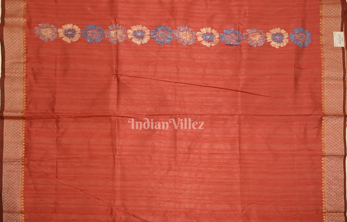 Red Floral Motif Zari Linen Designer Banarasi Saree