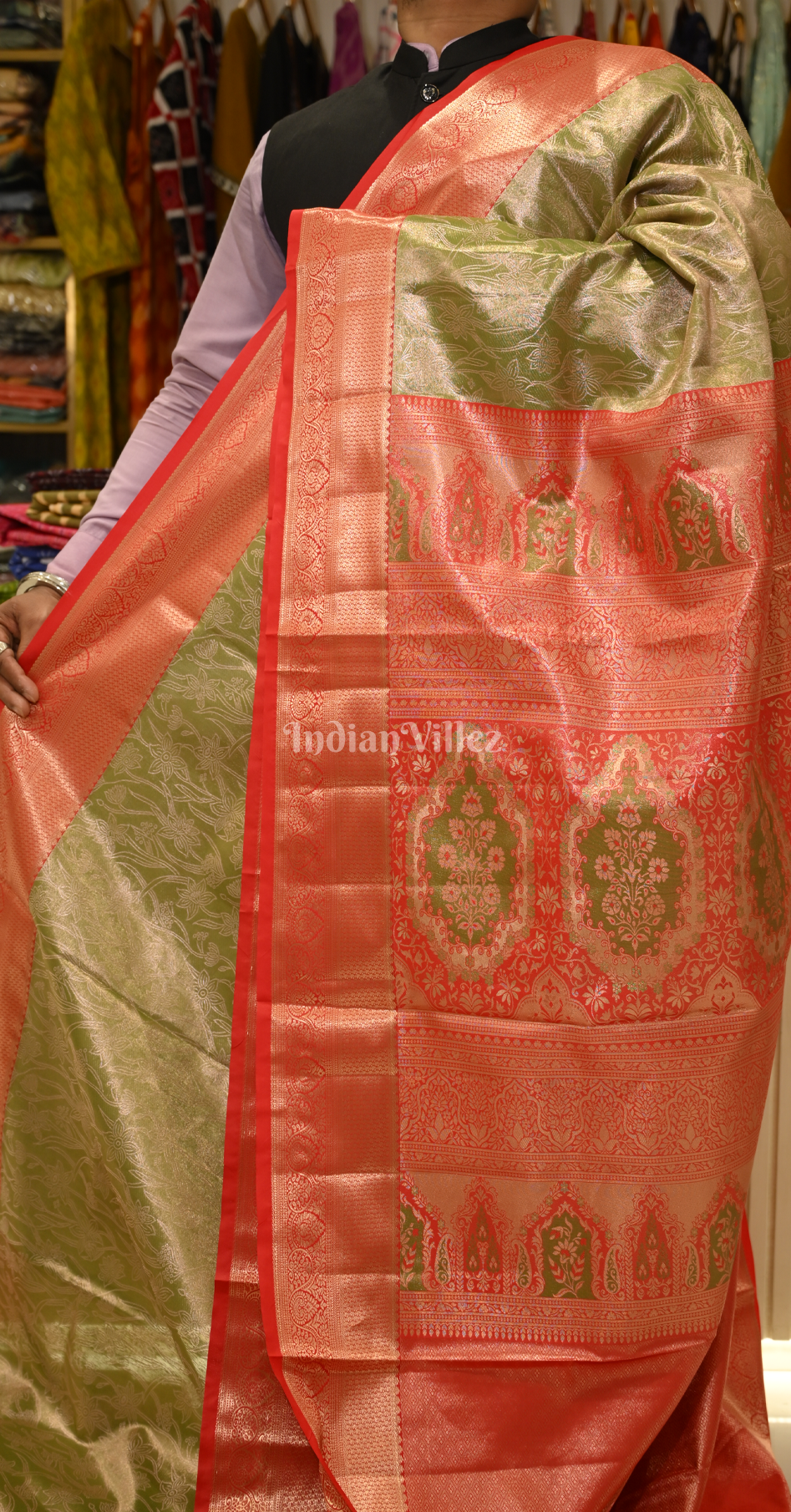 Mehendi Green Red Pure Kanjivaram Tissue Silk Saree