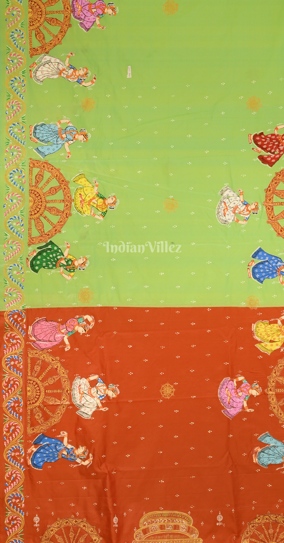 Green Rust Orange Nartaki Konark Temple Hand-Painted Pattachitra Saree
