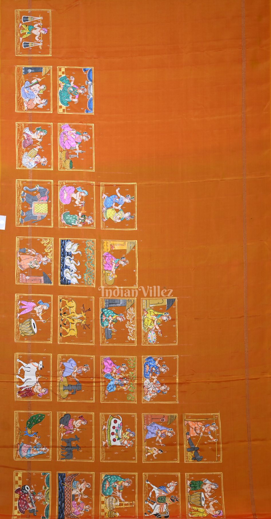 Rust Orange Purple Village Theme Hand- Painted Pattachitra Saree 