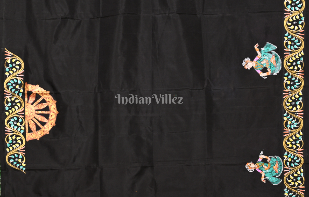 Rani Pink Black Nartaki Konark Temple Hand-Painted Pattachitra Saree 
