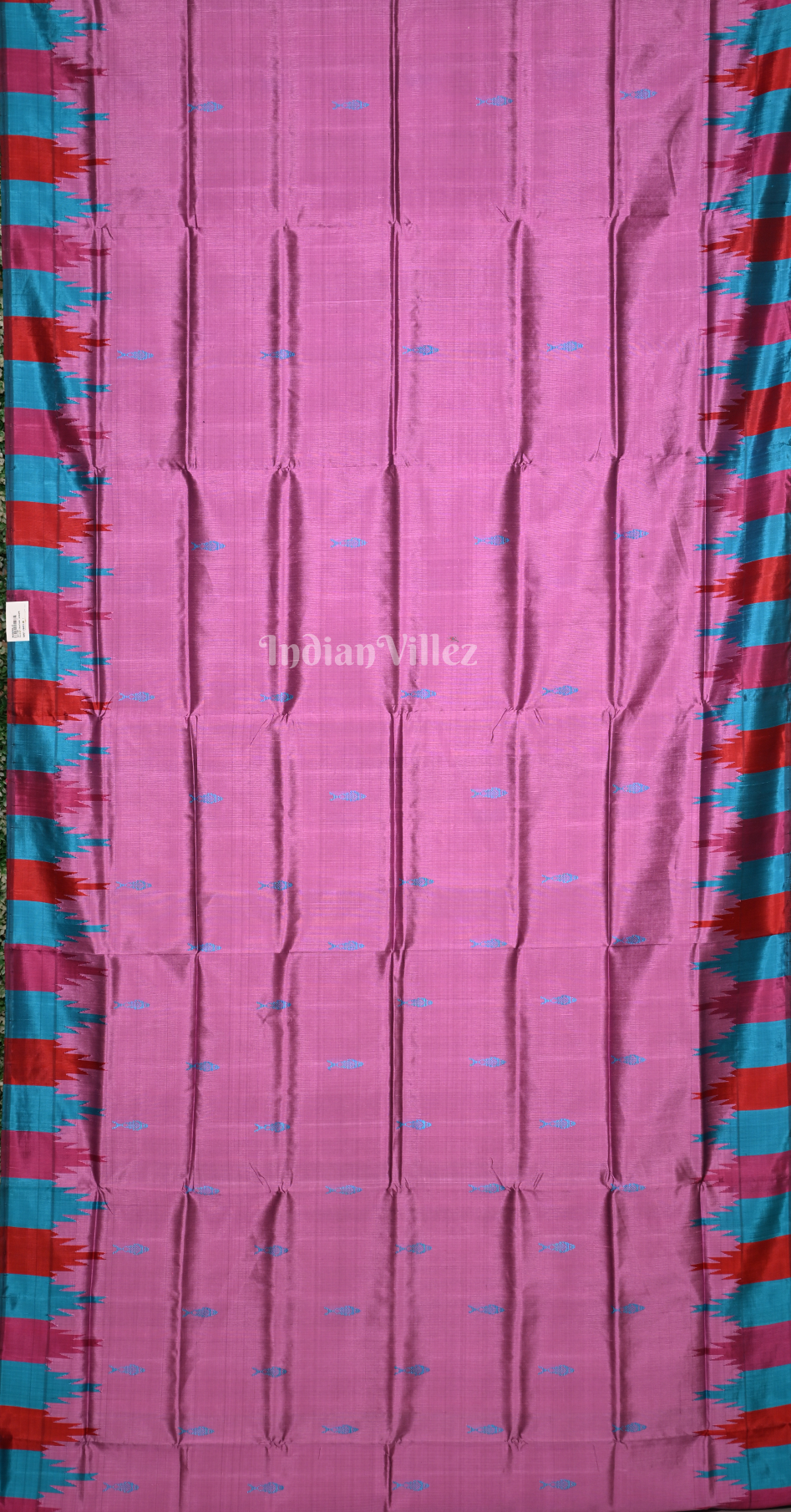 Onion Pink Blue Fish Motif Double Pallu Berhampuri Silk Saree 