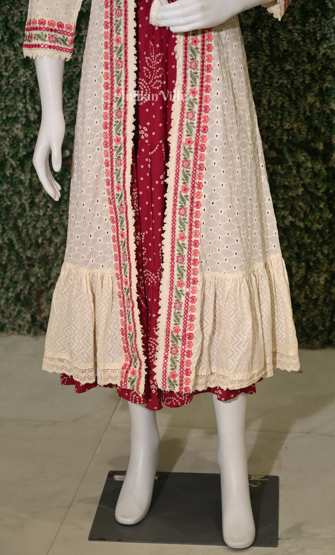 Red with Multicolor Floral Printed Shrug Gown
