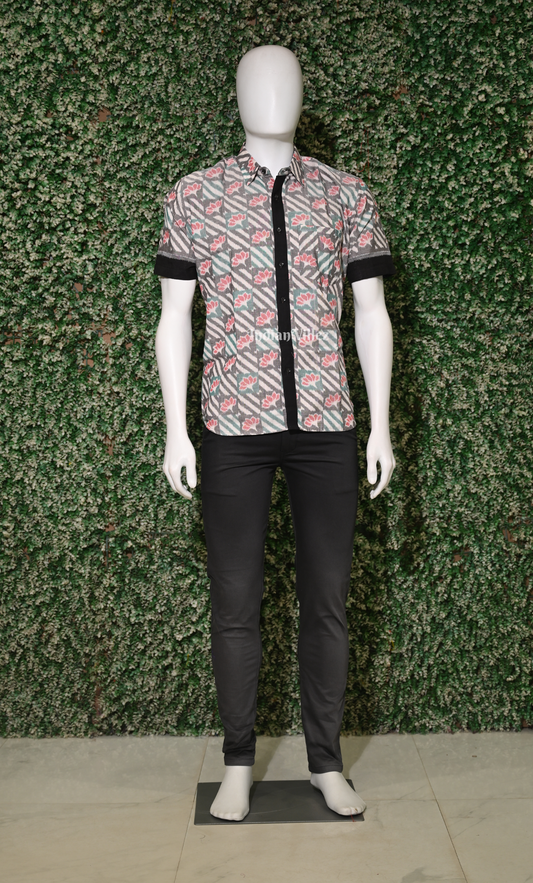 Grey Black Lotus Design Odisha Ikat Cotton Half Sleeve Shirt for Men 
