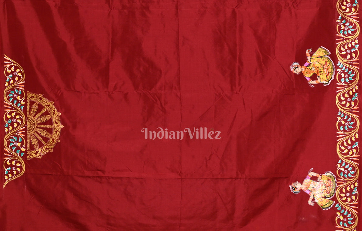 Pista Green Red Dual Tone Nartaki Konark Temple Hand-Painted Pattachitra Saree