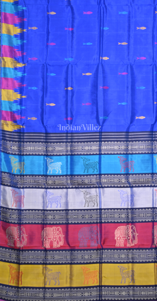 Blue Fish Motif Double Pallu Berhampuri Silk Saree