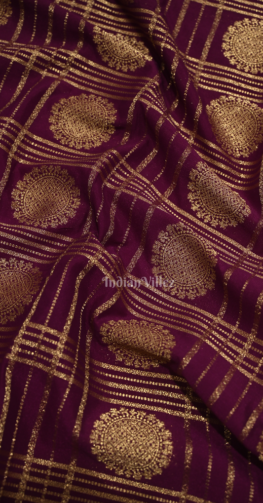 Purple Red Checks Pure Crepe Kanjivaram Silk Saree