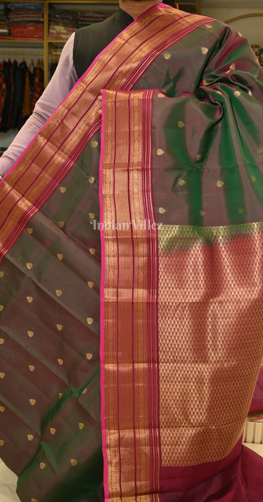 Moss Green Maroon Dual Tone Butta Brocade Pure Kanjivaram Silk Saree 