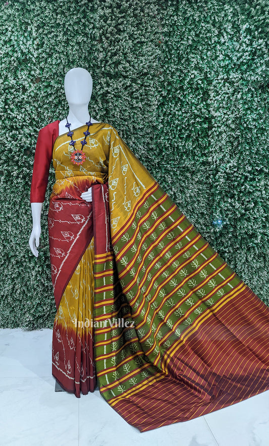 Mustard Yellow Red Odisha Ikat Contemporary Designer Silk Saree with Tribal Anchal