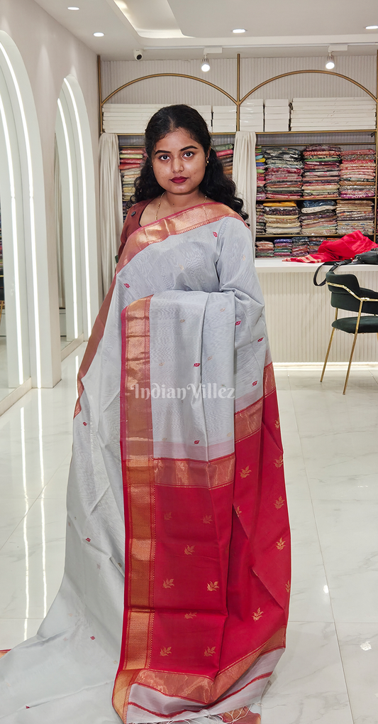 White Red Pure Silk Cotton Maheshwari Saree with Zari Border