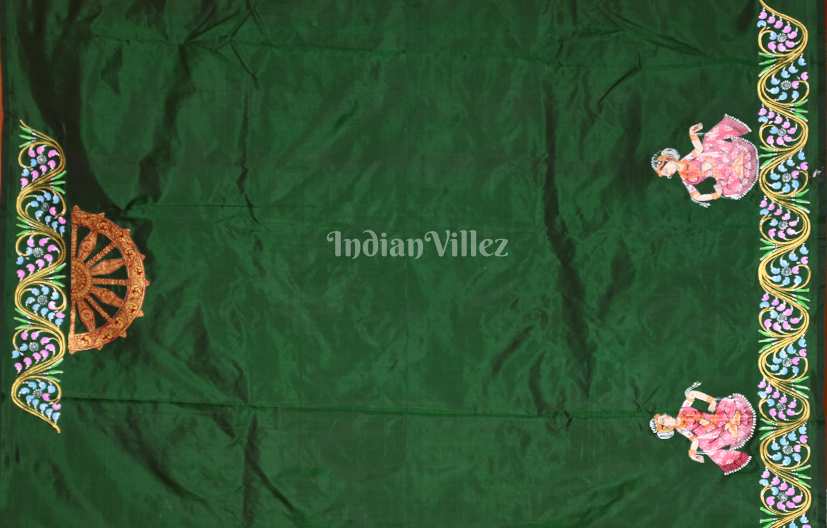 Green Orange Nartaki Konark Temple Hand-Painted Pattachitra Saree 