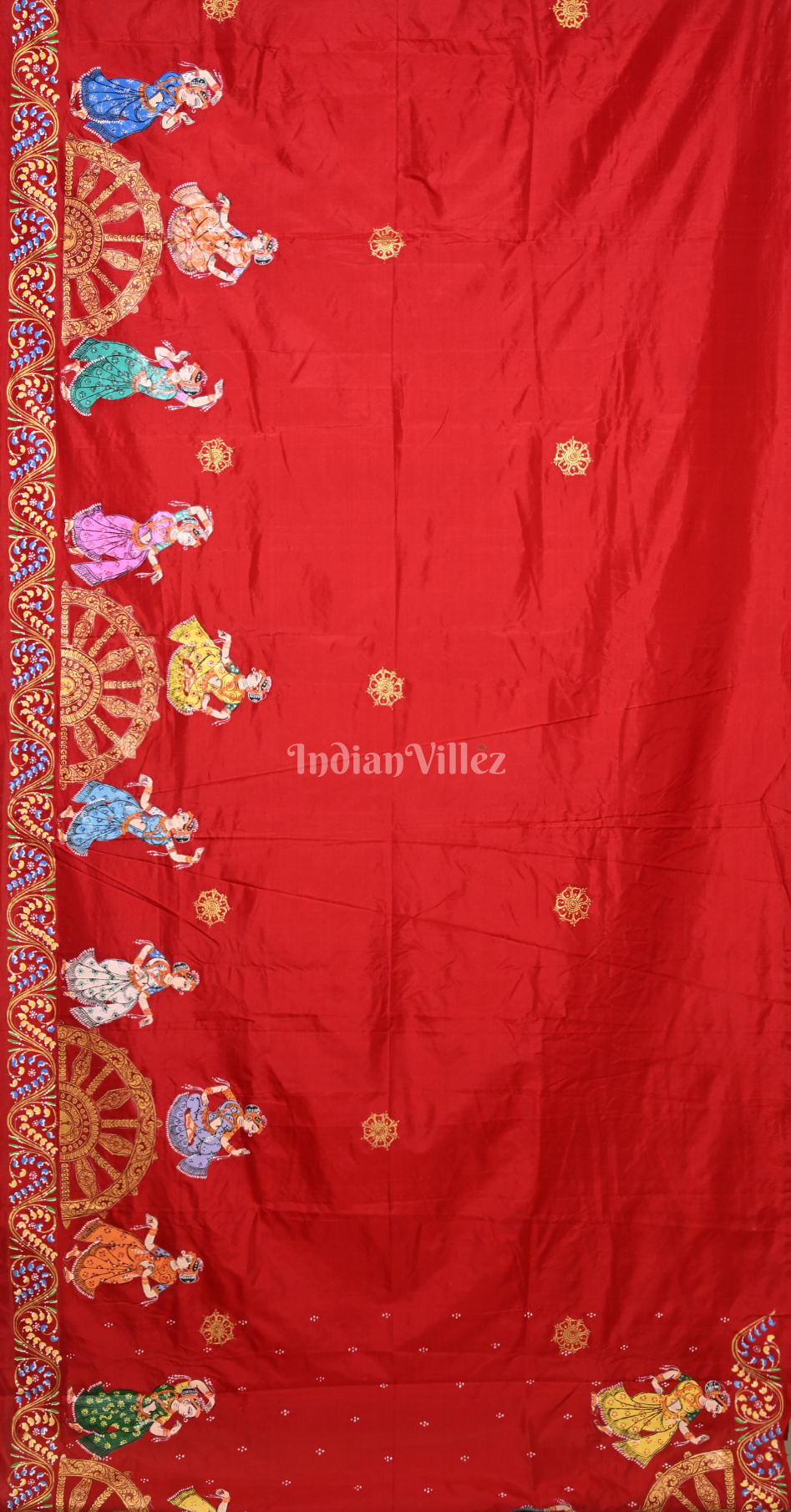 Beige Red Nartaki Konark Temple Hand-Painted Pattachitra Saree 