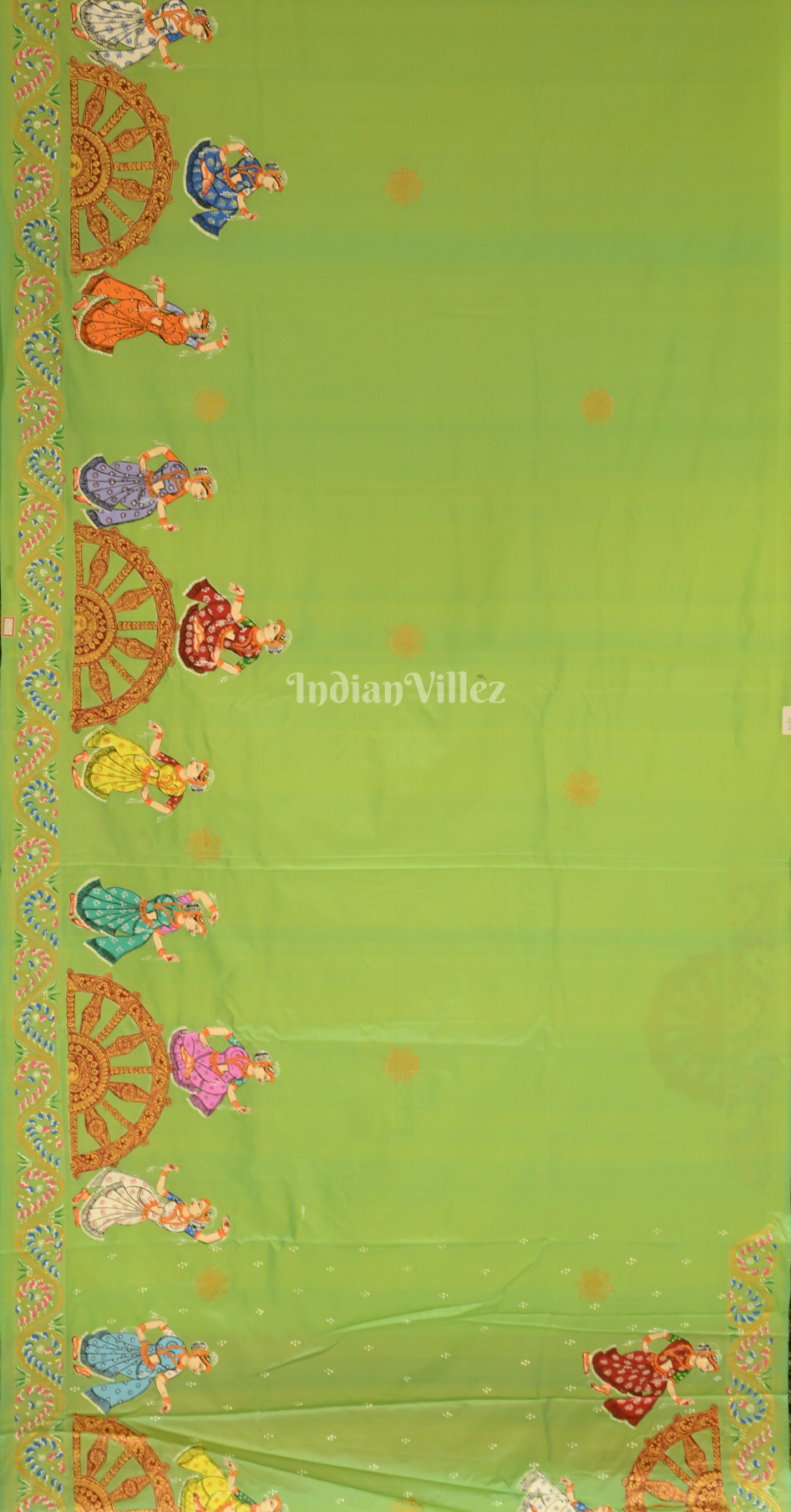 Green Rust Orange Nartaki Konark Temple Hand-Painted Pattachitra Saree