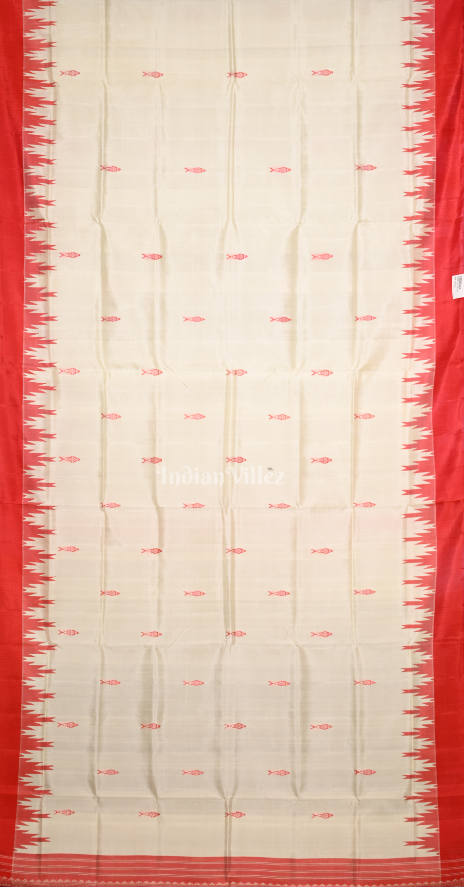 White Red Fish Motif Double Pallu Berhampuri Silk Saree 