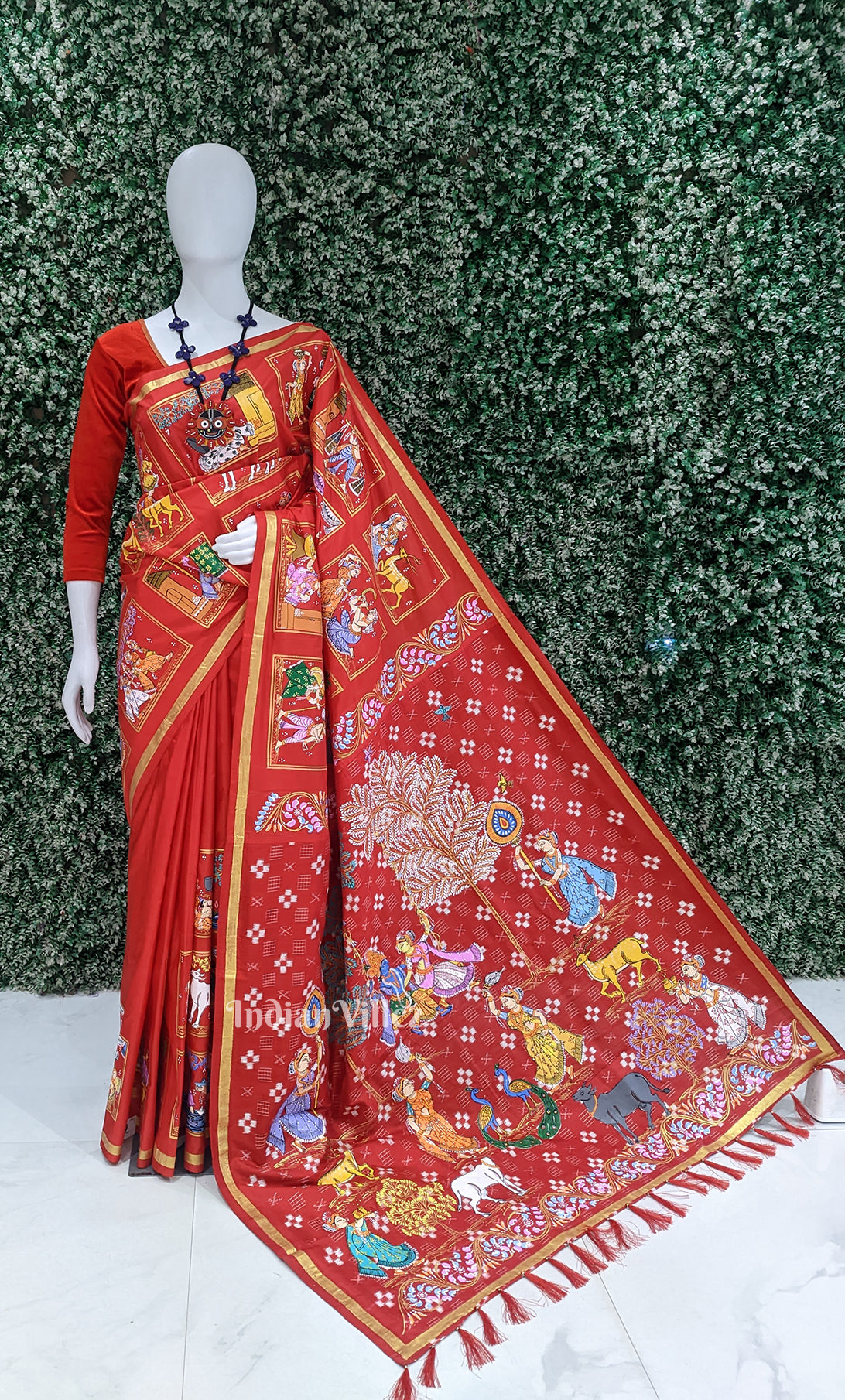 Red Radha Krishna Village ThemePattachitra Sambalpuri silk Saree