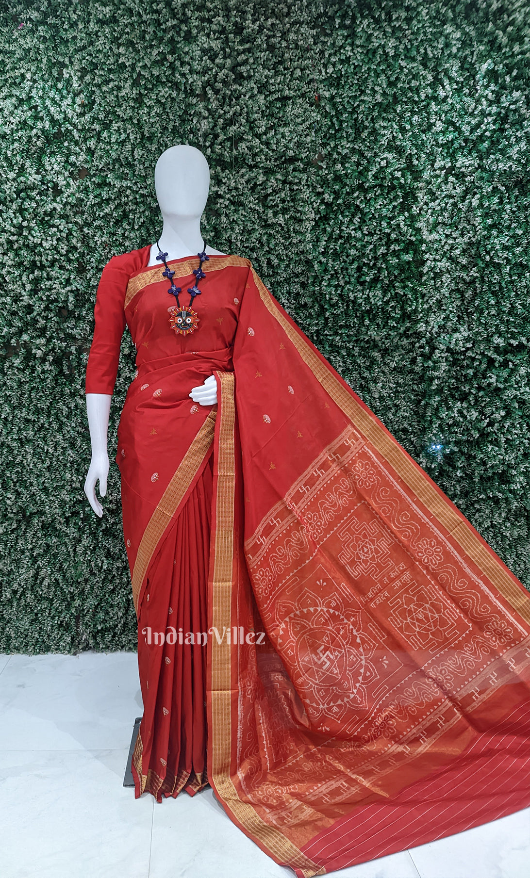 Red Laxmi Yantra Half Tissue Odisha Ikat Sambalpuri Silk Saree