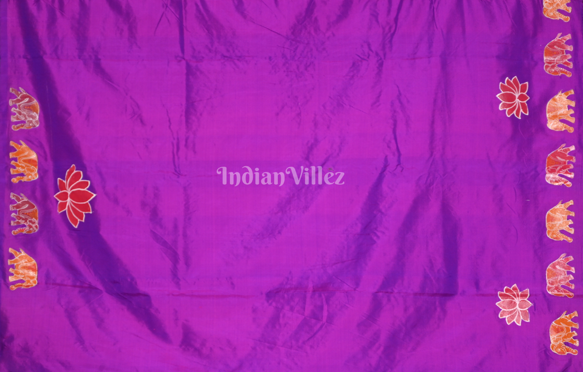 Purple Green Hand Embroidered Applique Work Saree 