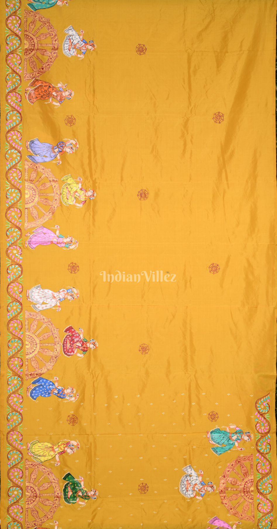 Magenta Pink Yellow Nartaki Konark Temple Hand-Painted Pattachitra Saree