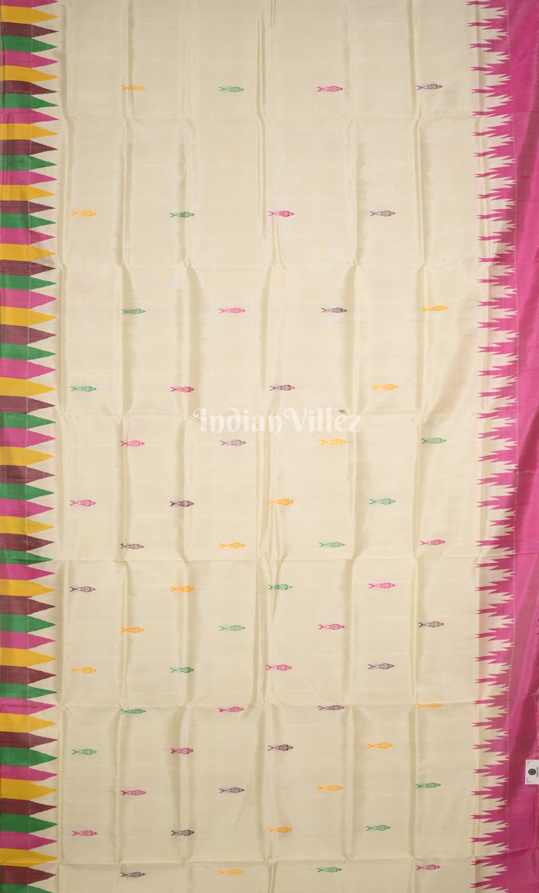 white with Multicolour  Fish Motif Double Pallu Berhampuri Silk Saree 