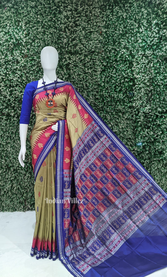 Beige Blue Odisha Ikat Bomkai Sambalpuri Silk Saree with Doll Aanchal