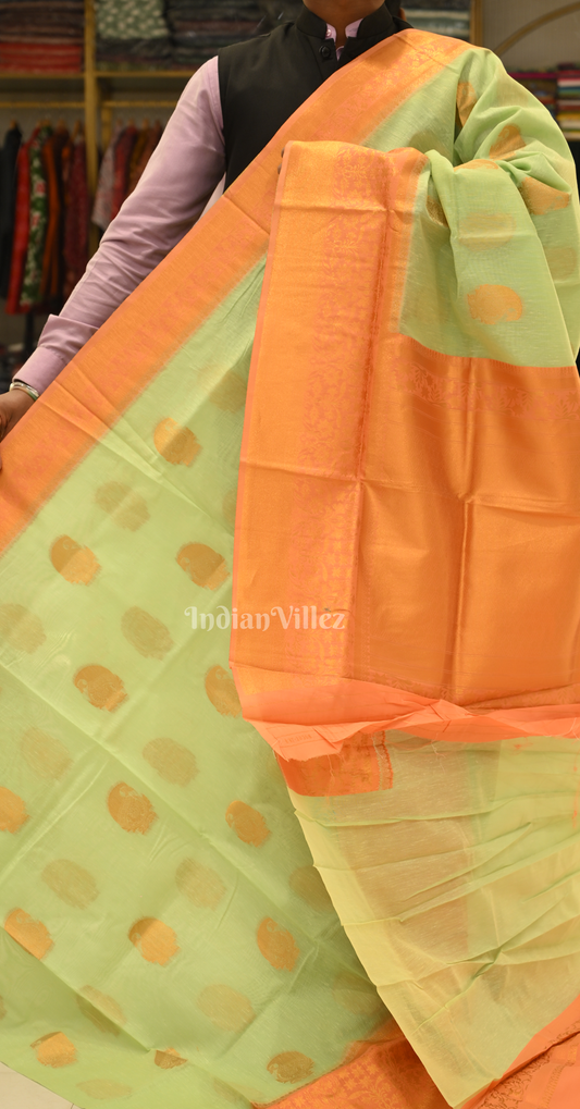 Pista Green Orange Linen with Copper Zari Weaving Saree
