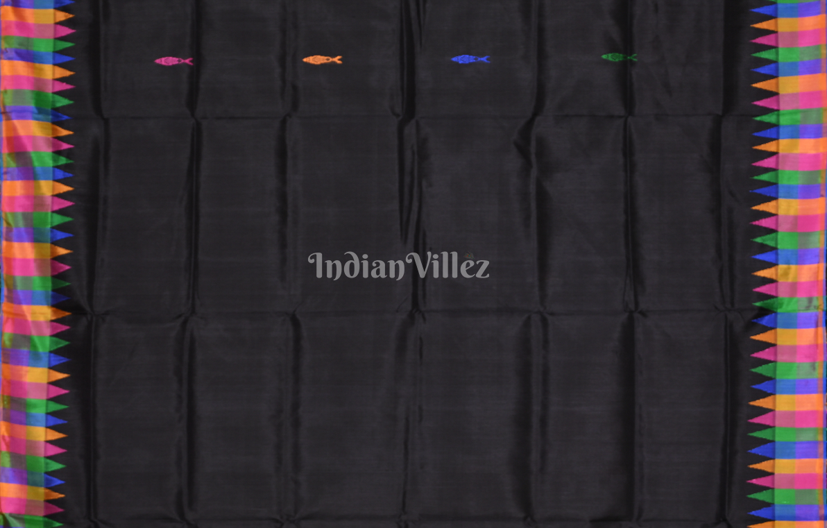 Black with Multi Colour Fish Motif Double Pallu Berhampuri Silk Saree