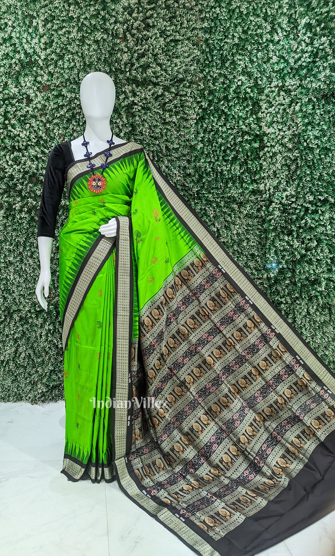 Parrot Green Tribal Theme Odisha Ikat Bomkai Sambalpuri Silk Saree