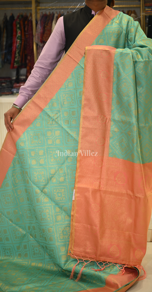Green Oarnge Pure Zari Base Chaap Hand Woven Kanjivaram Silk Saree
