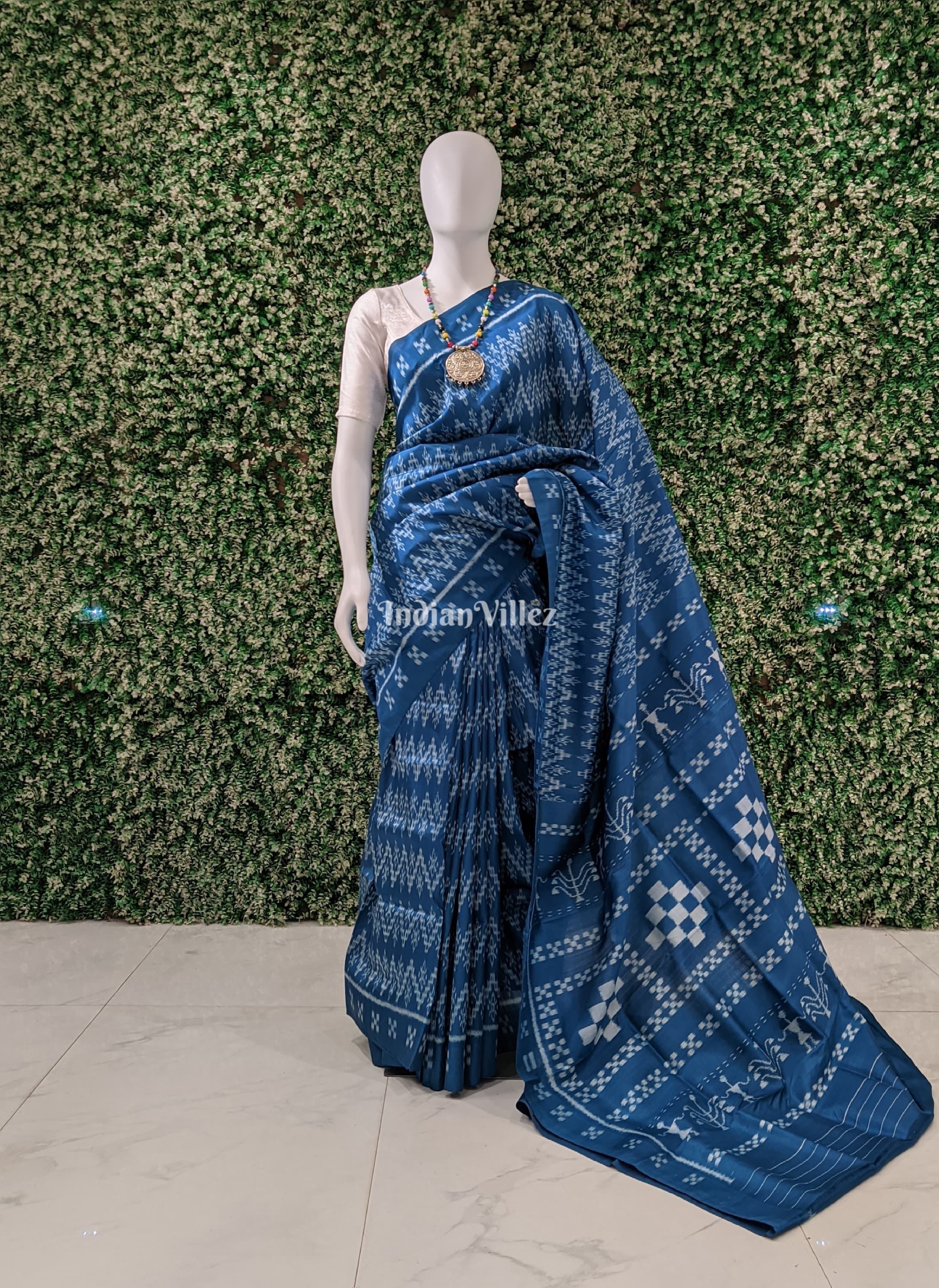 Azure Blue Odisha Ikat Pasapali Contemporary Silk Saree