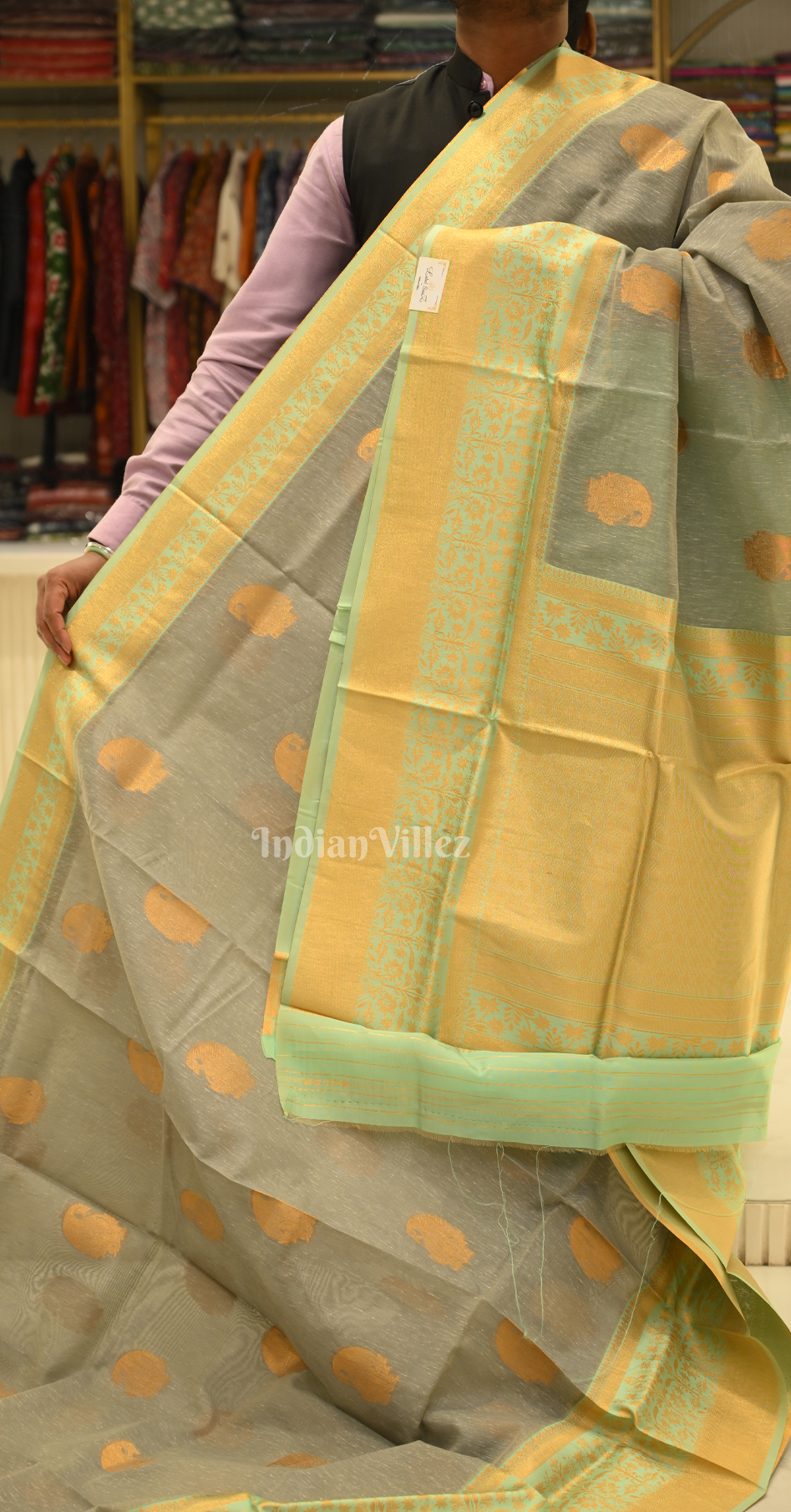 Greyish Golden Linen with Copper Zari Weaving Saree