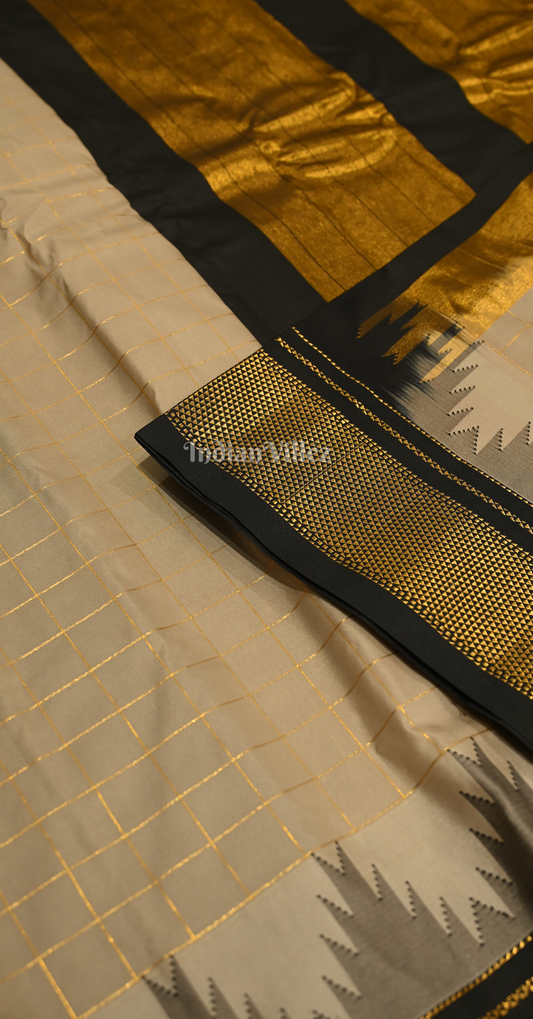 Cream Black Check Pure Gadwal Silk Saree