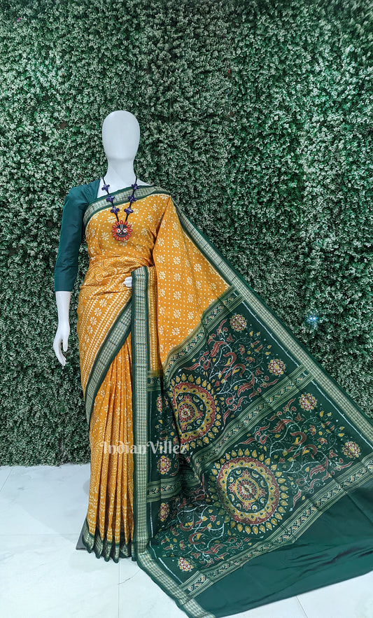 Mustard Yellow Green Odisha Ikat Sambalpuri Silk Saree