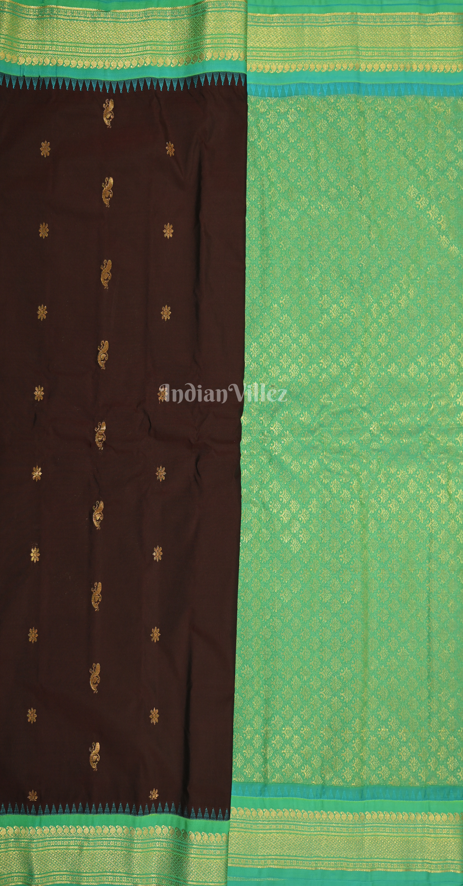 Elegant Brown Sea Green Butti Design Pure Gadwal Silk Saree
