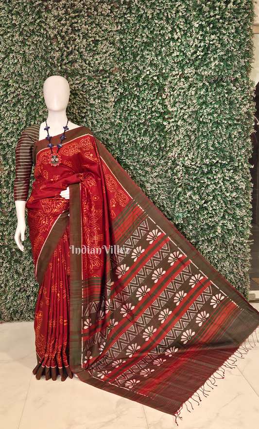 Maroon Moss Green Lotus Motif Contemporary Designer Silk Saree