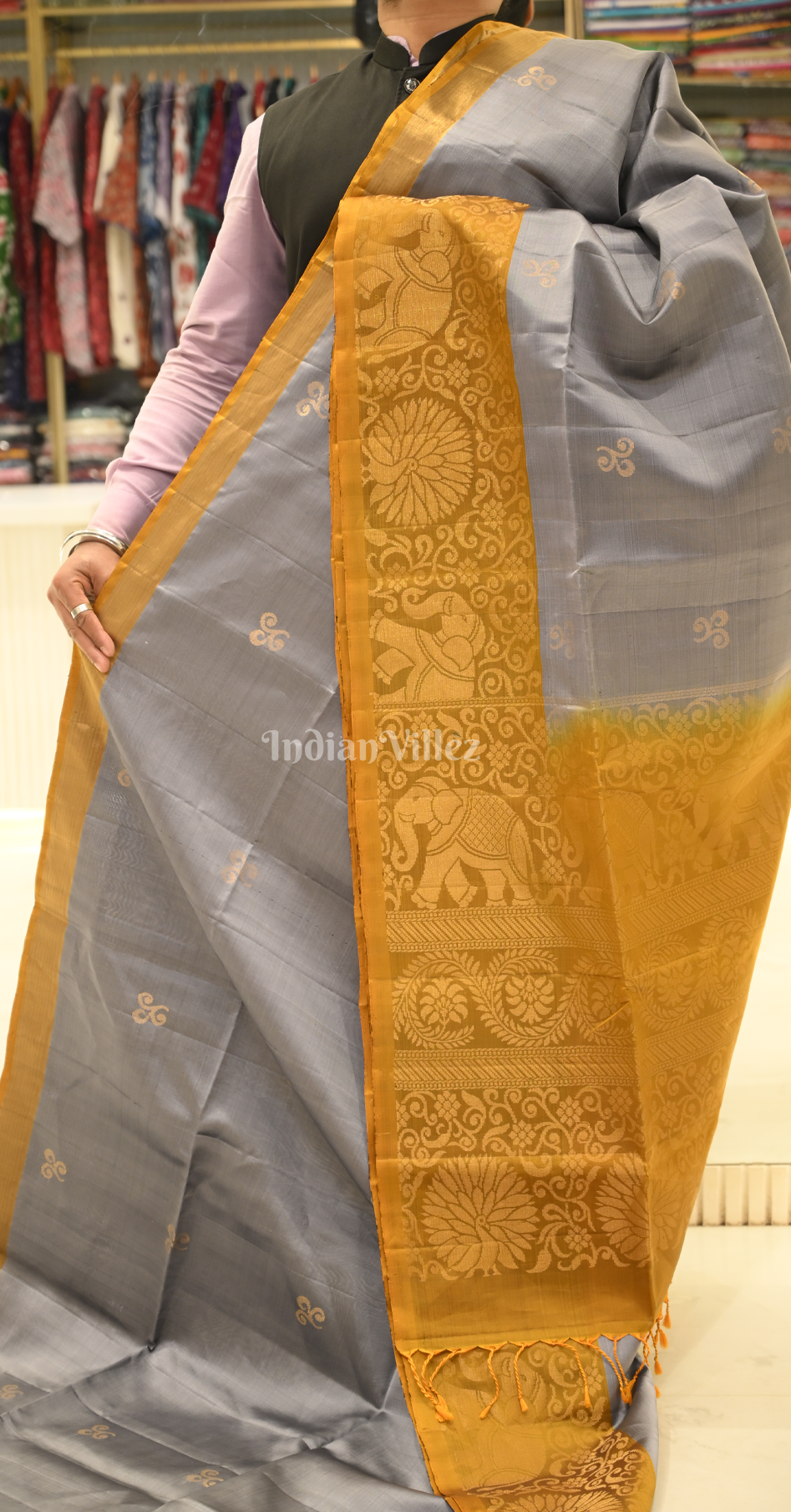 Grey Mustard Yellow Floral Zari Pure Kanjivaram Soft Silk Saree