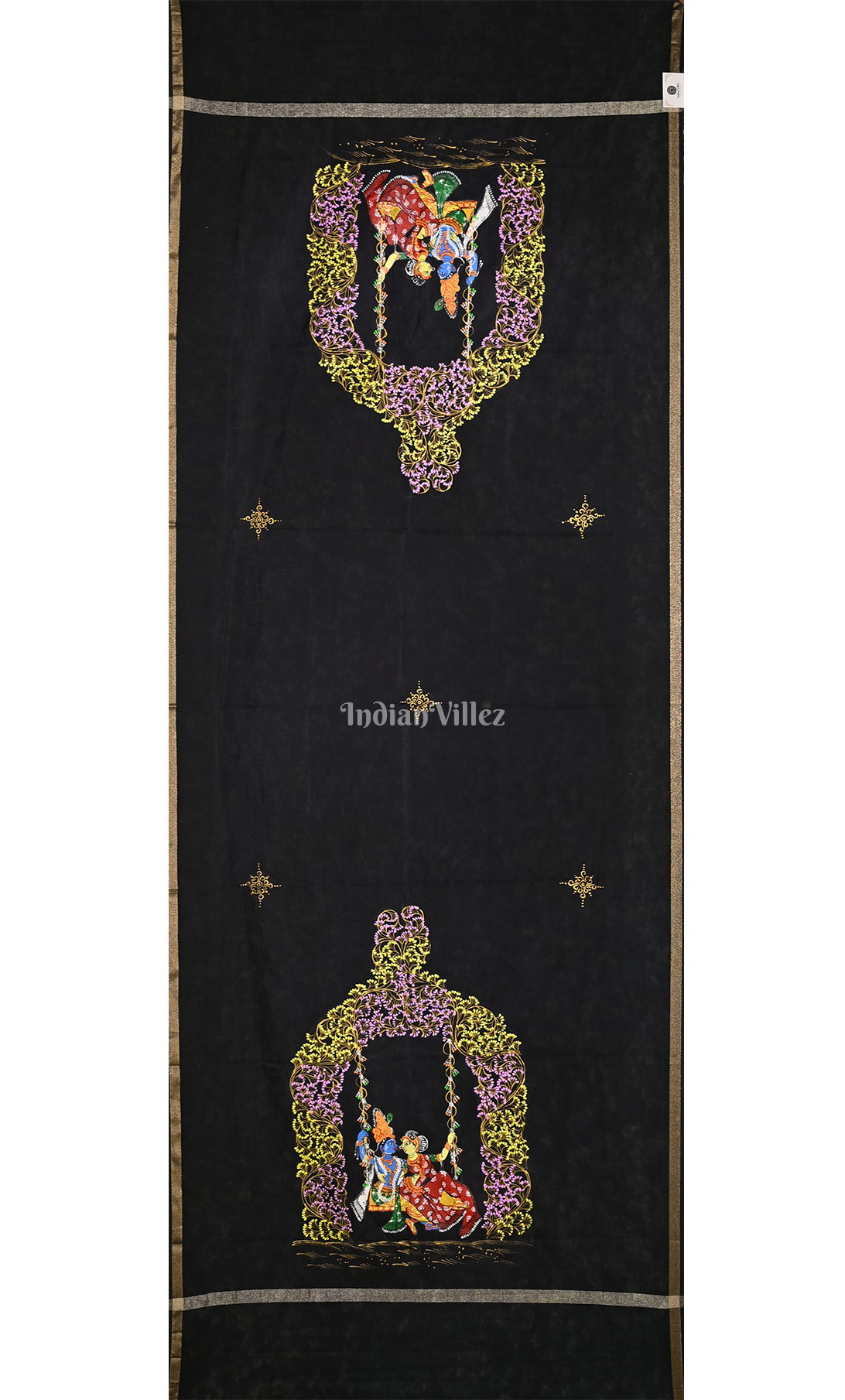 Black Radha Krishna Doli Theme Hand-Painted Pattachitra Chanderi Dupatta 