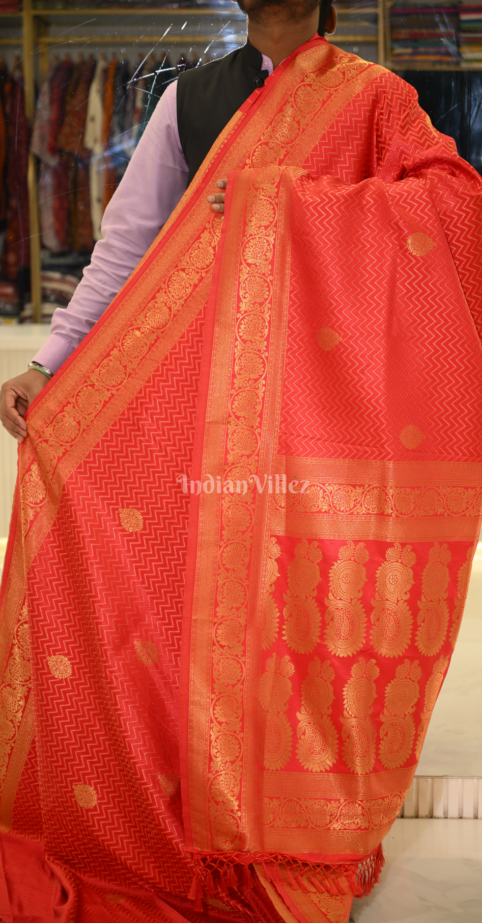 Red Pure Satin Kanjivaram Silk Saree with Brocade Work