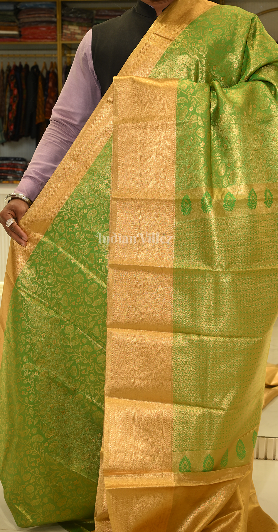 Mehendi Green Yellow Floral Brocade Pure Kanjivaram Silk Saree 