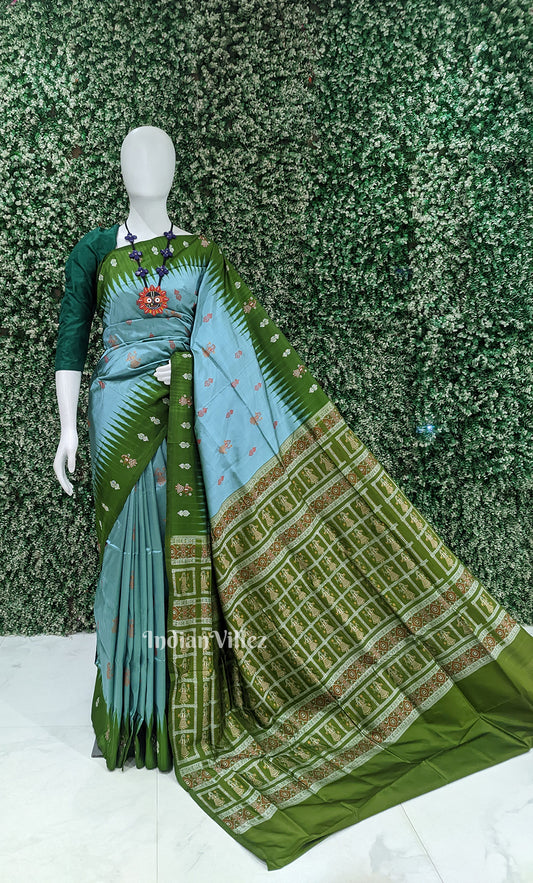 Sea Blue Olive Green Odisha Ikat Bomkai Sambalpuri Silk Saree with Doll Aanchal