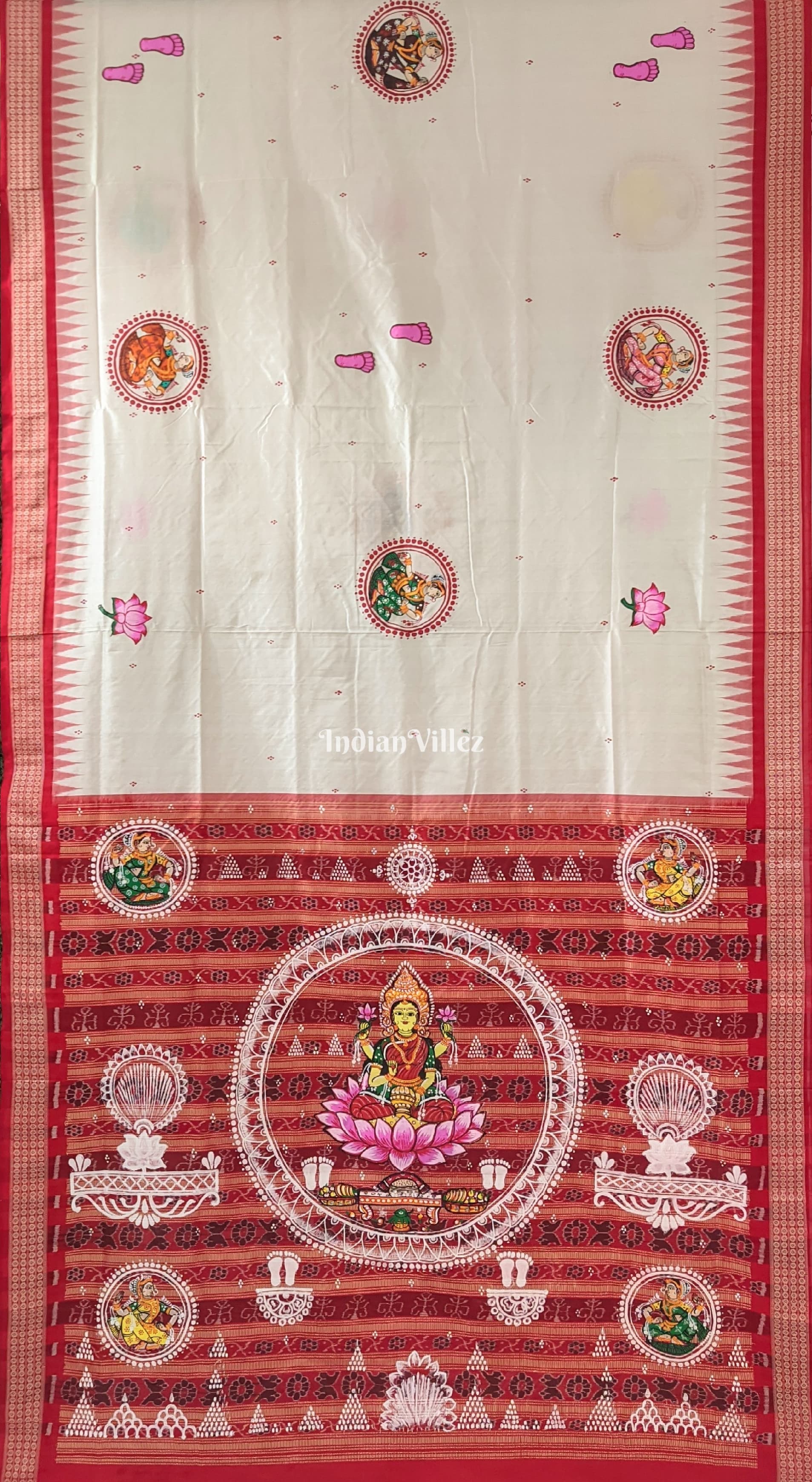 White Red Mata Laxmi Hand-painted Pattachitra Saree