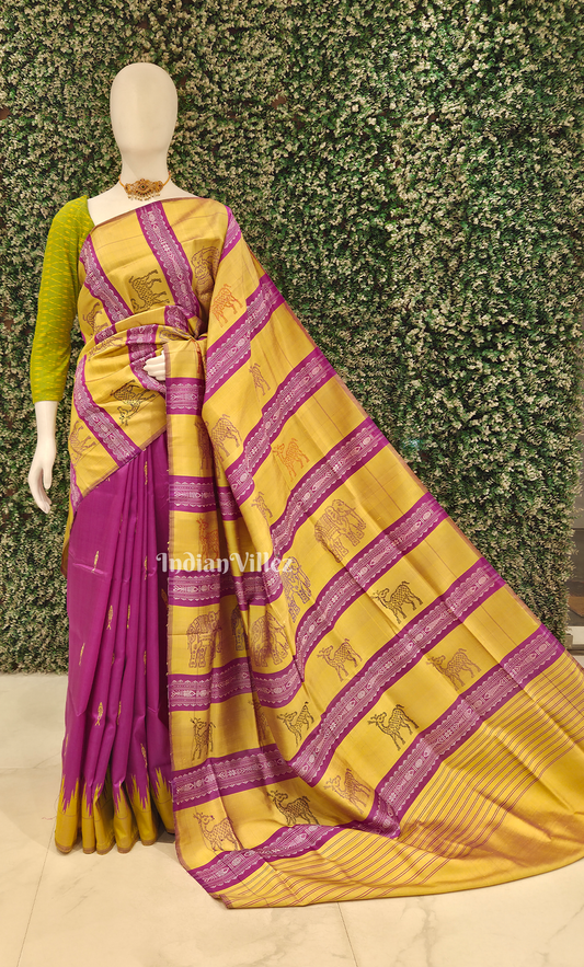 Purple Mustard Yellow Fish Motif Double Pallu Berhampuri Silk Saree
