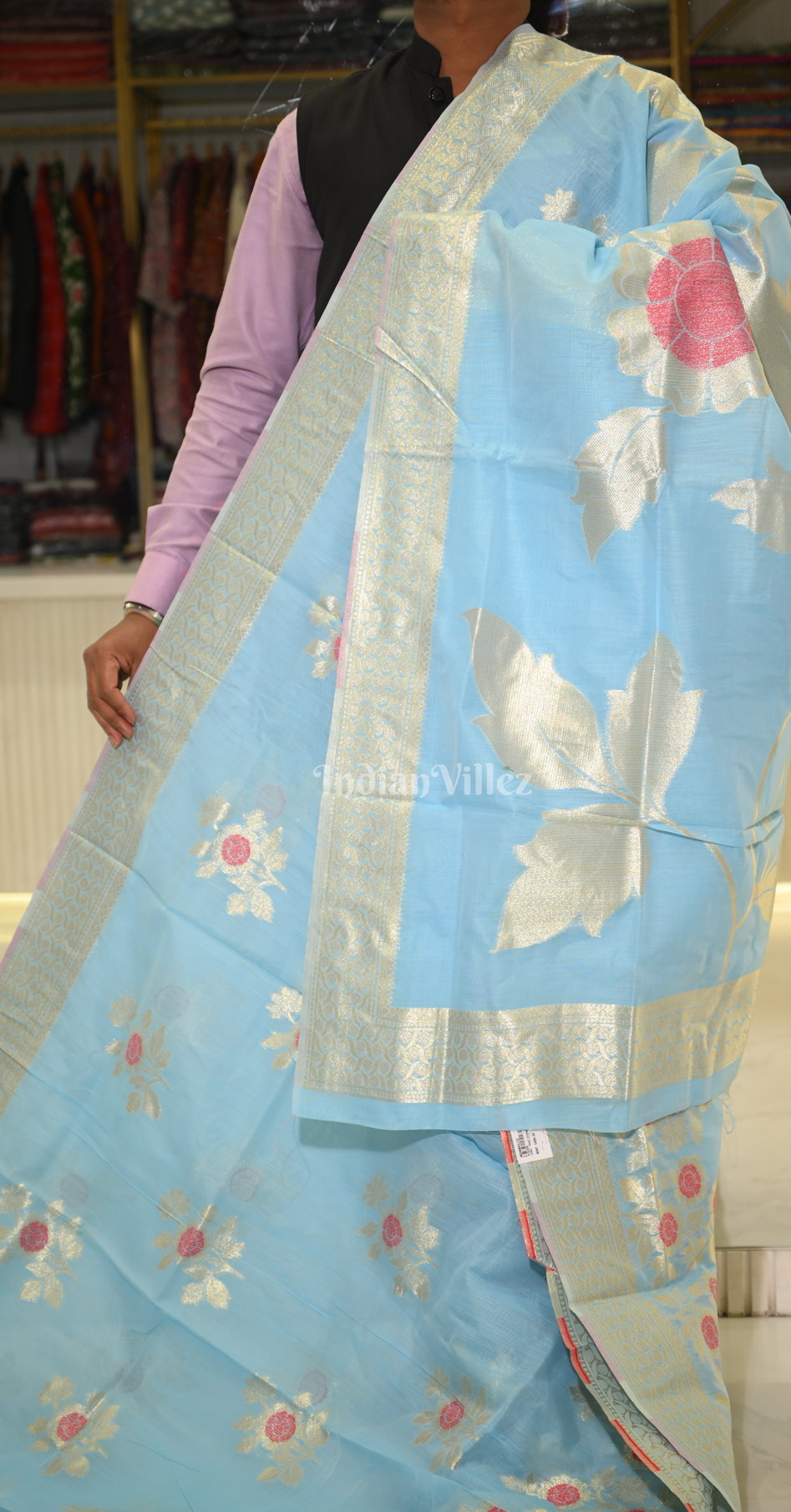 Sky Blue Floral Linen Saree