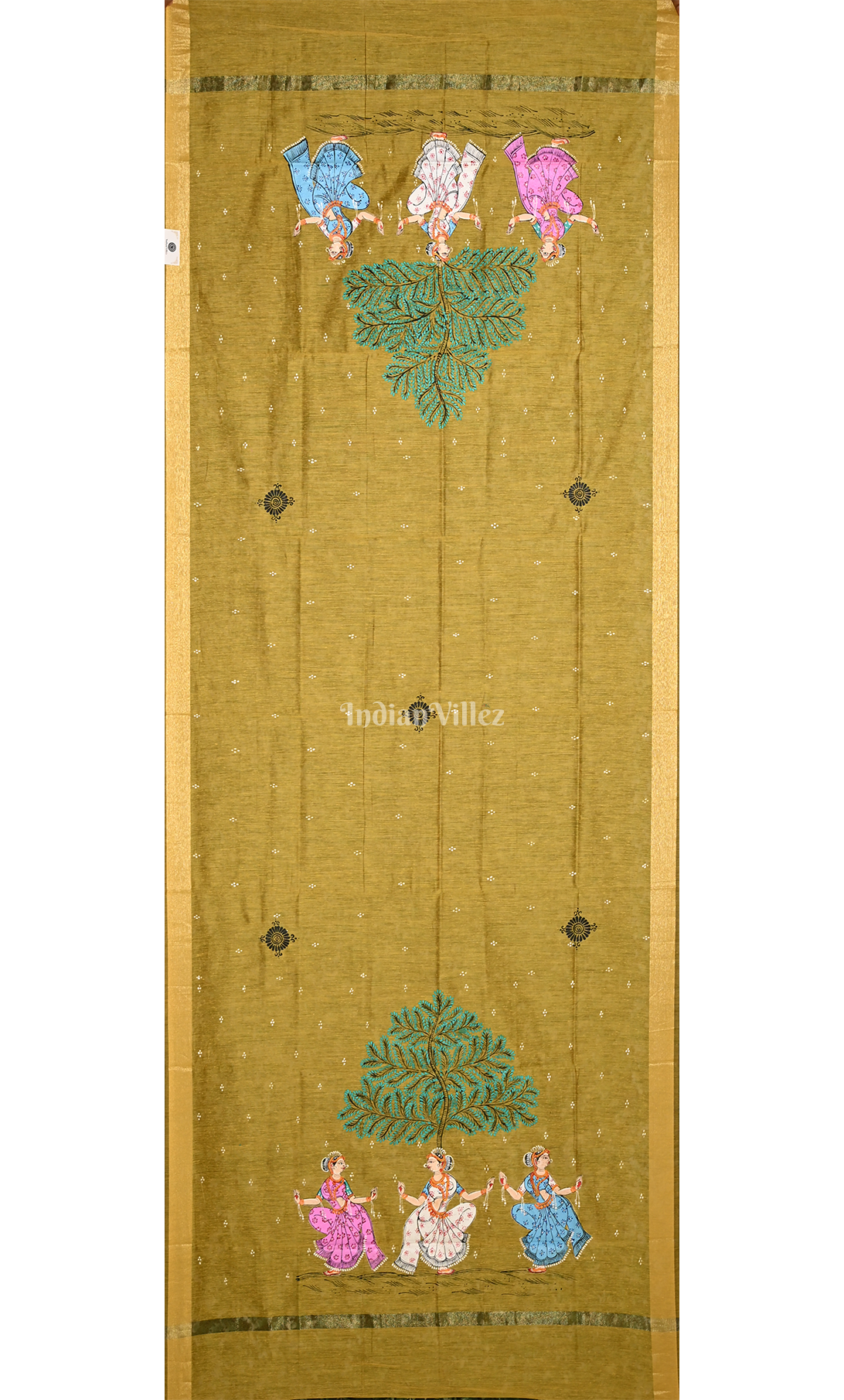 Mustard Yellow 3 Dancers Dandiya Hand-Painted Pattachitra Chanderi Dupatta