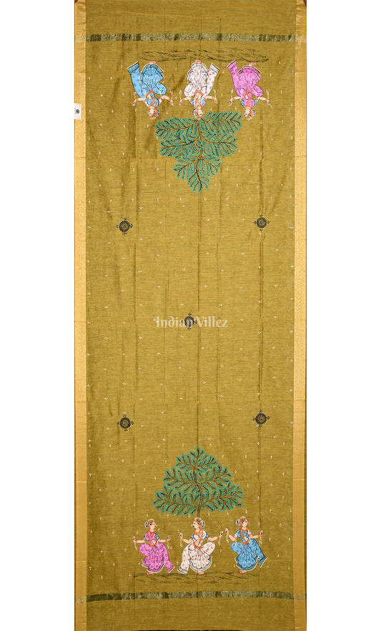 Mustard Yellow 3 Dancers Dandiya Hand-Painted Pattachitra Chanderi Dupatta